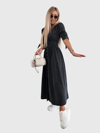 Women's Plain Midi Dress | V Neck Button Front Casual Wear 7