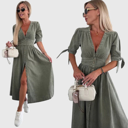 Women's Plain Midi Dress | V Neck Button Front Casual Wear 8