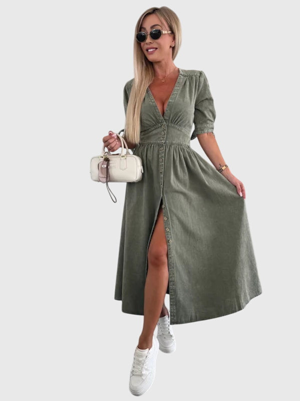 Women's Plain Midi Dress | V Neck Button Front Casual Wear 9