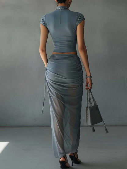 Women's Plain Skirt Set | Short Sleeve Draped Party Apparel 1