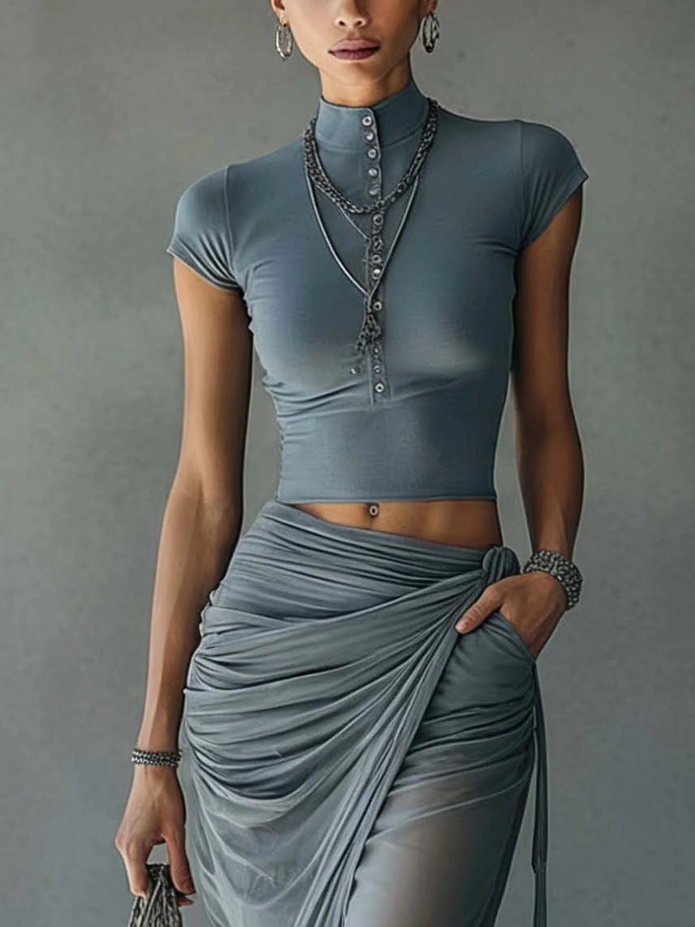 Women's Plain Skirt Set | Short Sleeve Draped Party Apparel 2