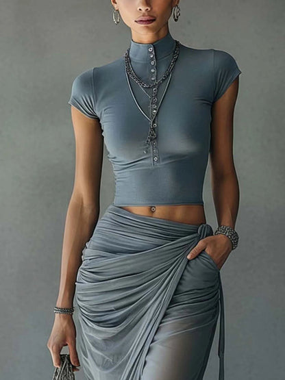 Women's Plain Skirt Set | Short Sleeve Draped Party Apparel 2