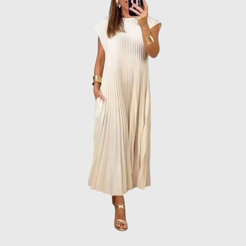 Women's Pleated Plain Maxi Dress | Cap Sleeve Pocket Casual Wear 1