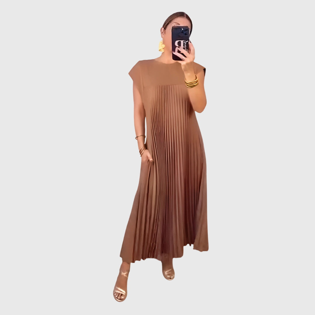 Women's Pleated Plain Maxi Dress | Cap Sleeve Pocket Casual Wear 3