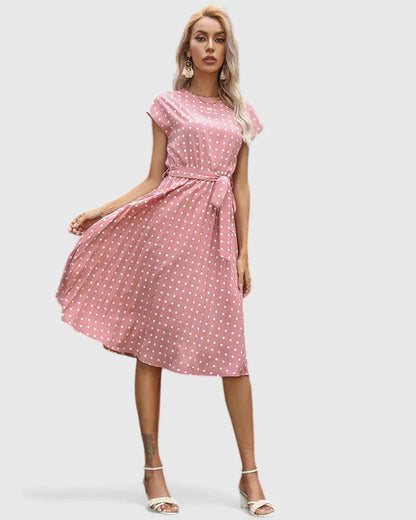 Women's Polka Dot Midi Dress | Tie Waist Pleated Casual Wear 1