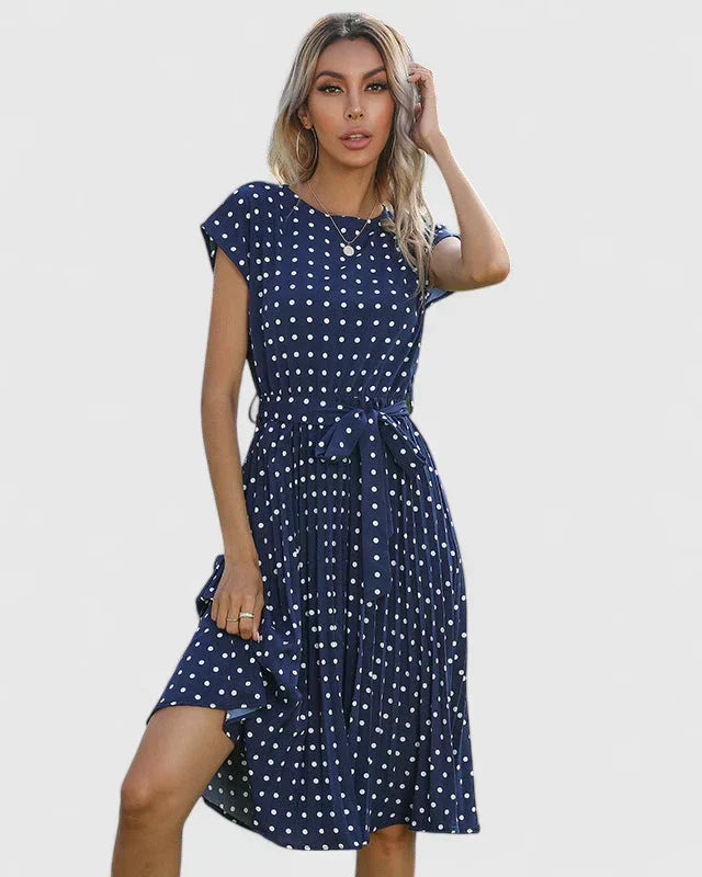 Women's Polka Dot Midi Dress | Tie Waist Pleated Casual Wear 2