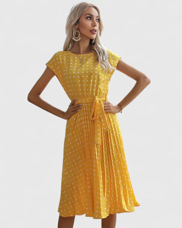 Women's Polka Dot Midi Dress | Tie Waist Pleated Casual Wear 3