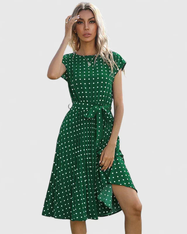 Women's Polka Dot Midi Dress | Tie Waist Pleated Casual Wear 4