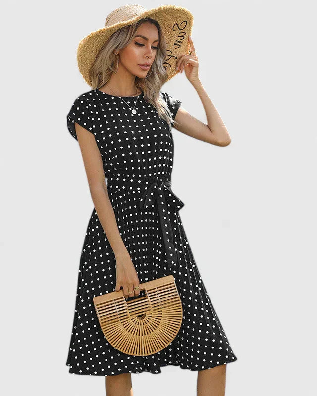 Women's Polka Dot Midi Dress | Tie Waist Pleated Casual Wear 5