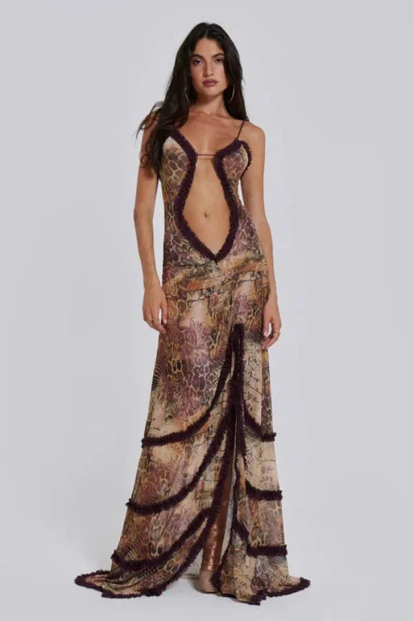 Women's Printed Maxi Dress | Spaghetti Strap Draped Wedding Guest