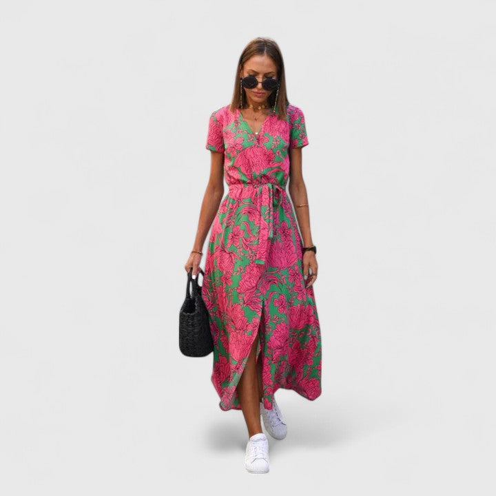 Women's Printed Midi Dress | V Neck Tie Waist Casual Wear 