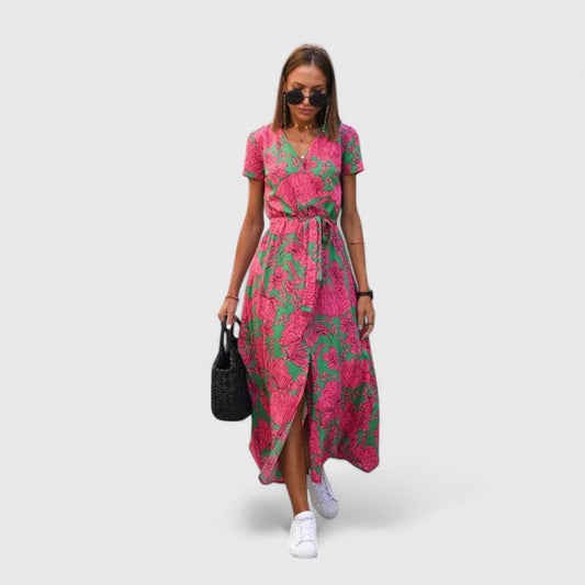 Women's Printed Midi Dress | V Neck Tie Waist Casual Wear-Women Dress-Sasha Sydney