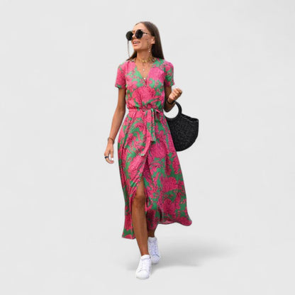 Women's Printed Midi Dress | V Neck Tie Waist Casual Wear 2