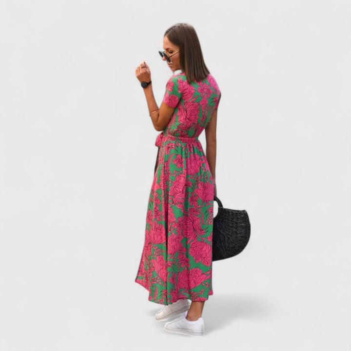 Women's Printed Midi Dress | V Neck Tie Waist Casual Wear 3