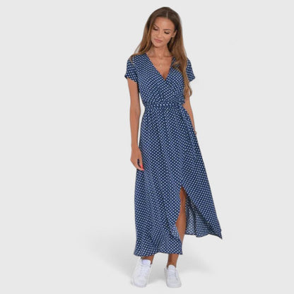 Women's Printed Midi Dress | V Neck Tie Waist Casual Wear 78