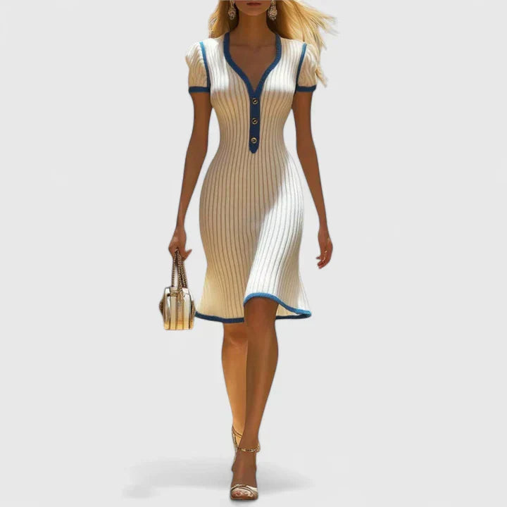 Women's Ribbed Plain Midi Dress | V Neck Button Front Casual Wea 3