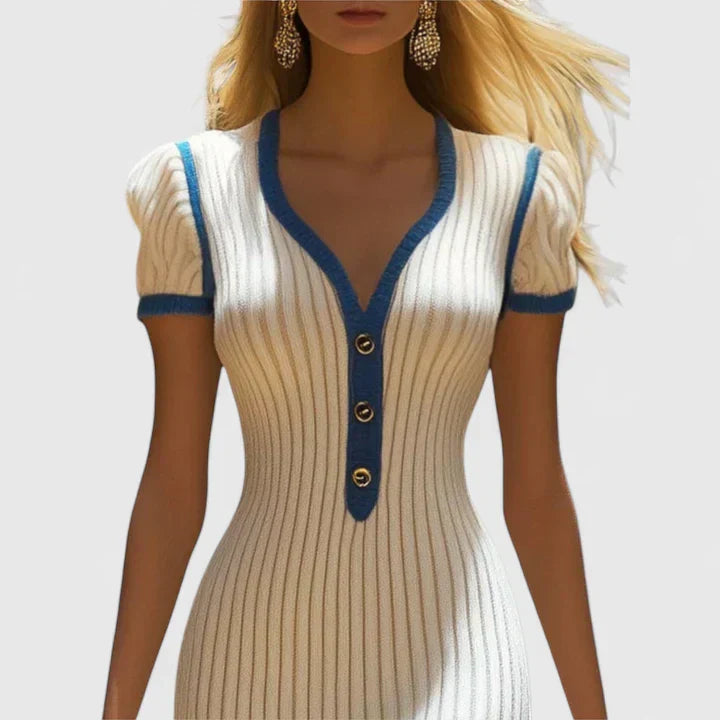 Women's Ribbed Plain Midi Dress | V Neck Button Front Casual Wea 4