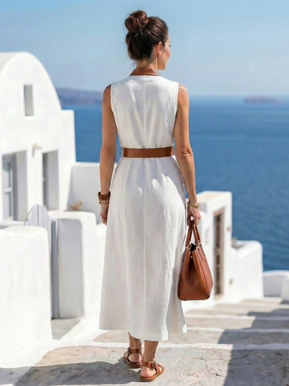 Women's Sleeveless Wrap Midi Dress | Belted V Neck Holiday Wear-Dress-Sasha Sydney