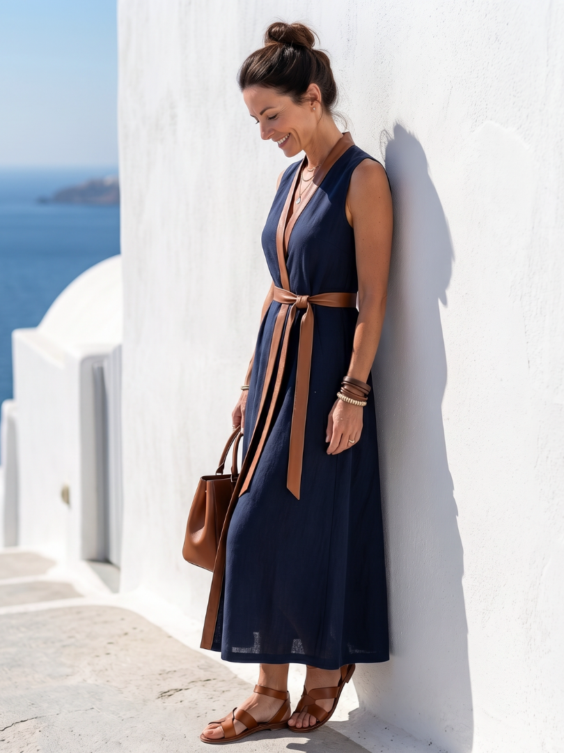 Women's Sleeveless Wrap Midi Dress | Belted V Neck Holiday Wear-Dress-Sasha Sydney