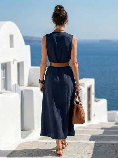 Women's Sleeveless Wrap Midi Dress | Belted V Neck Holiday Wear-Dress-Sasha Sydney