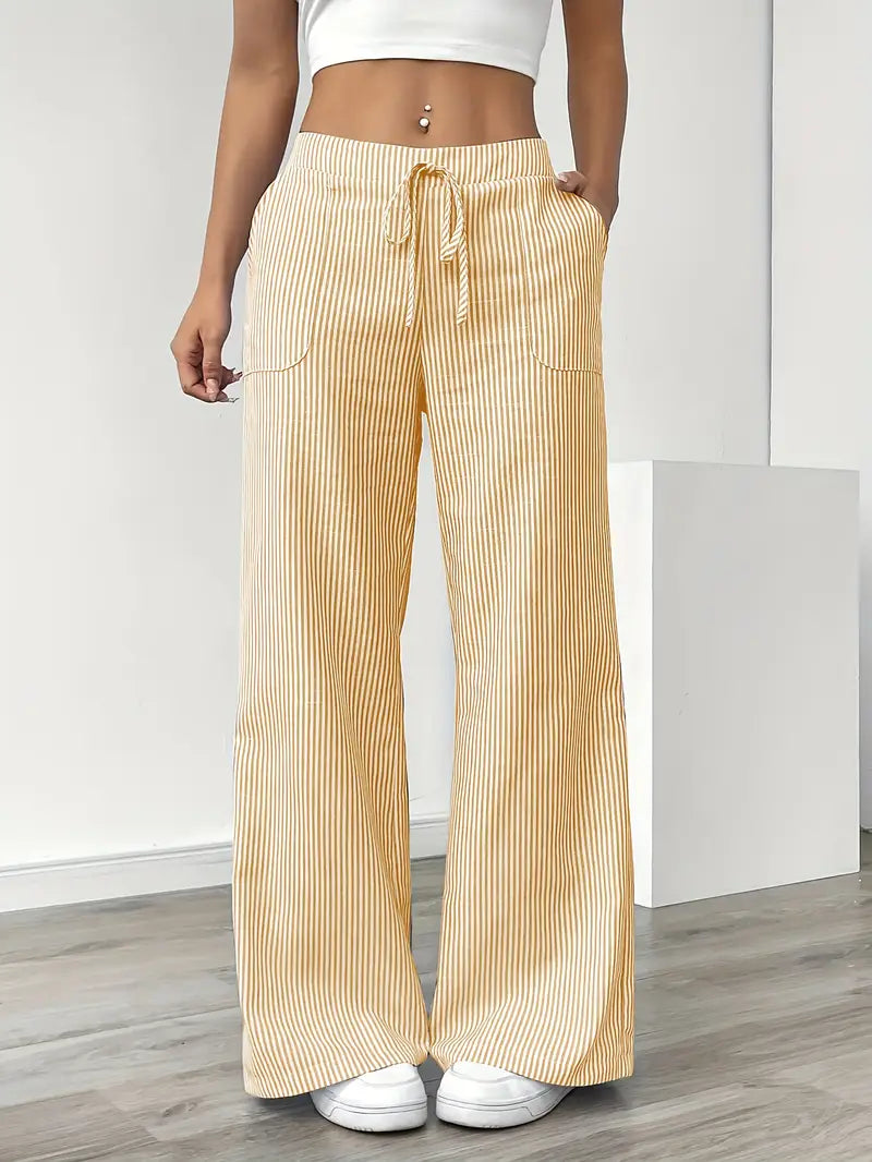 Women's Striped Trousers | Drawstring Wide Leg Casual Wear
