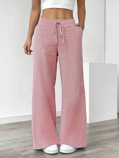 Women's Striped Trousers | Drawstring Wide Leg Casual Wear 3