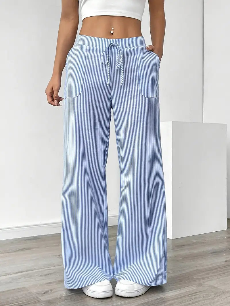 Women's Striped Trousers | Drawstring Wide Leg Casual Wear 5