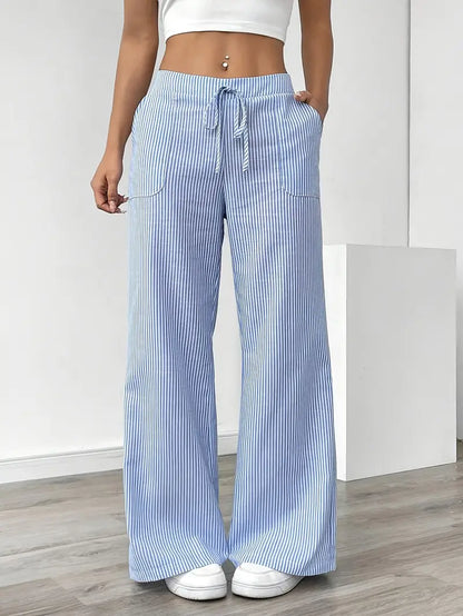 Women's Striped Trousers | Drawstring Wide Leg Casual Wear 5