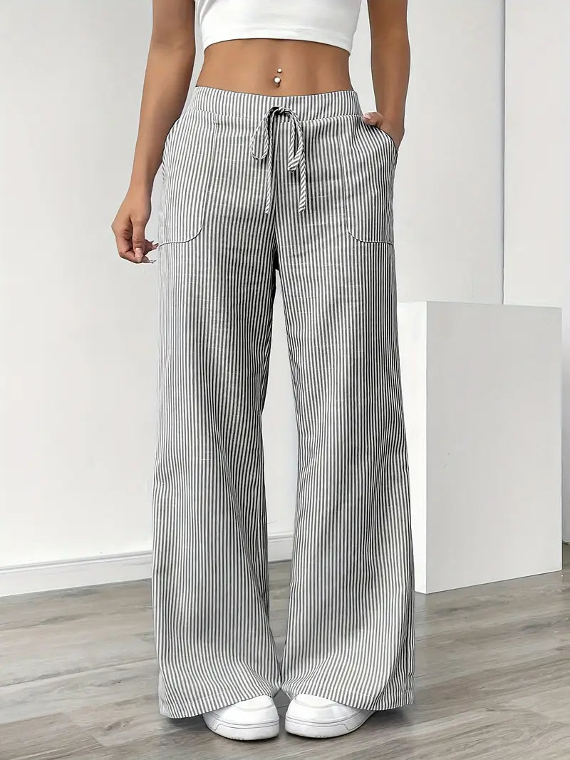 Women's Striped Trousers | Drawstring Wide Leg Casual Wear 7