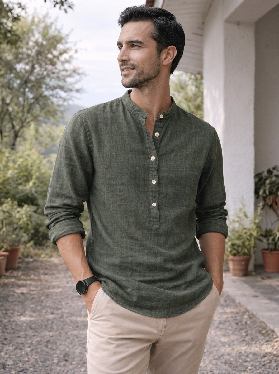 Linen Men's Grandad Collar Shirt UK – Lightweight Summer Shirt, Smart Casual Holiday Wear