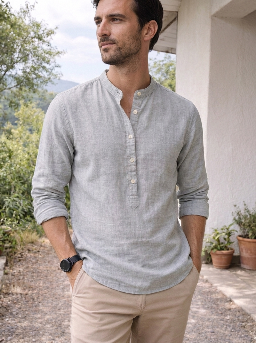 Linen Men's Grandad Collar Shirt UK – Lightweight Summer Shirt, Smart Casual Holiday Wear - Image 3