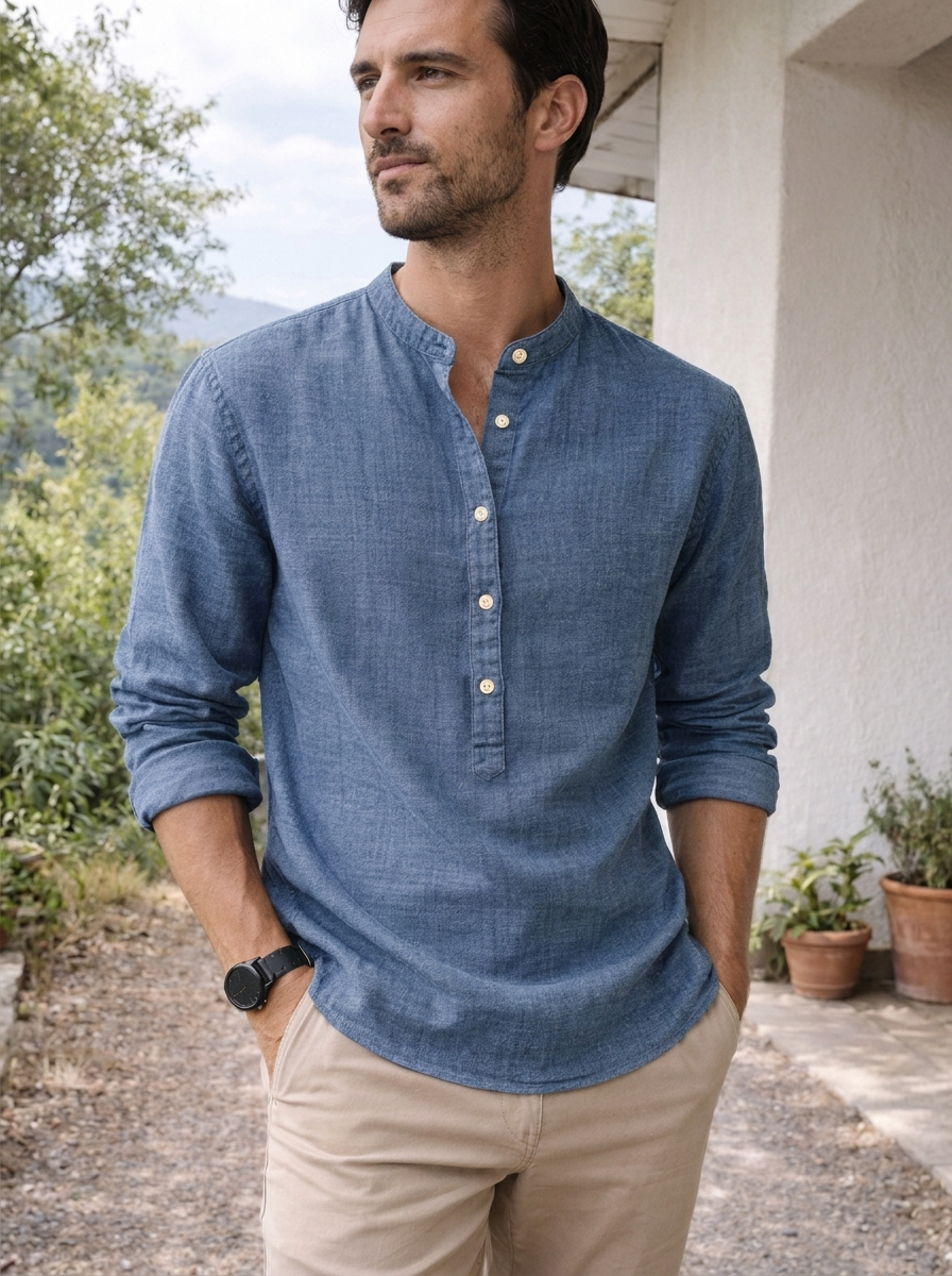 Linen Men's Grandad Collar Shirt UK – Lightweight Summer Shirt, Smart Casual Holiday Wear - Image 5