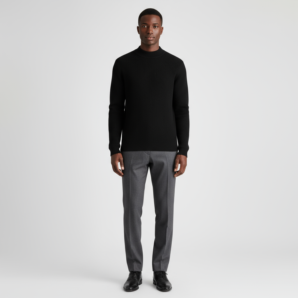Men's Merino Wool Mock Neck Knit Jumper with Ribbed Trims for Casual Wear - Image 2