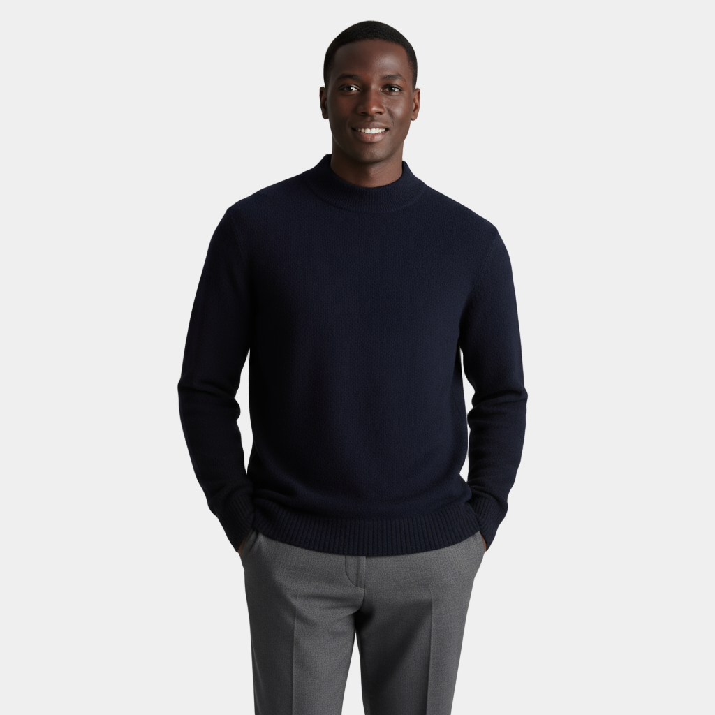 Men's Merino Wool Mock Neck Knit Jumper with Ribbed Trims for Casual Wear - Image 8