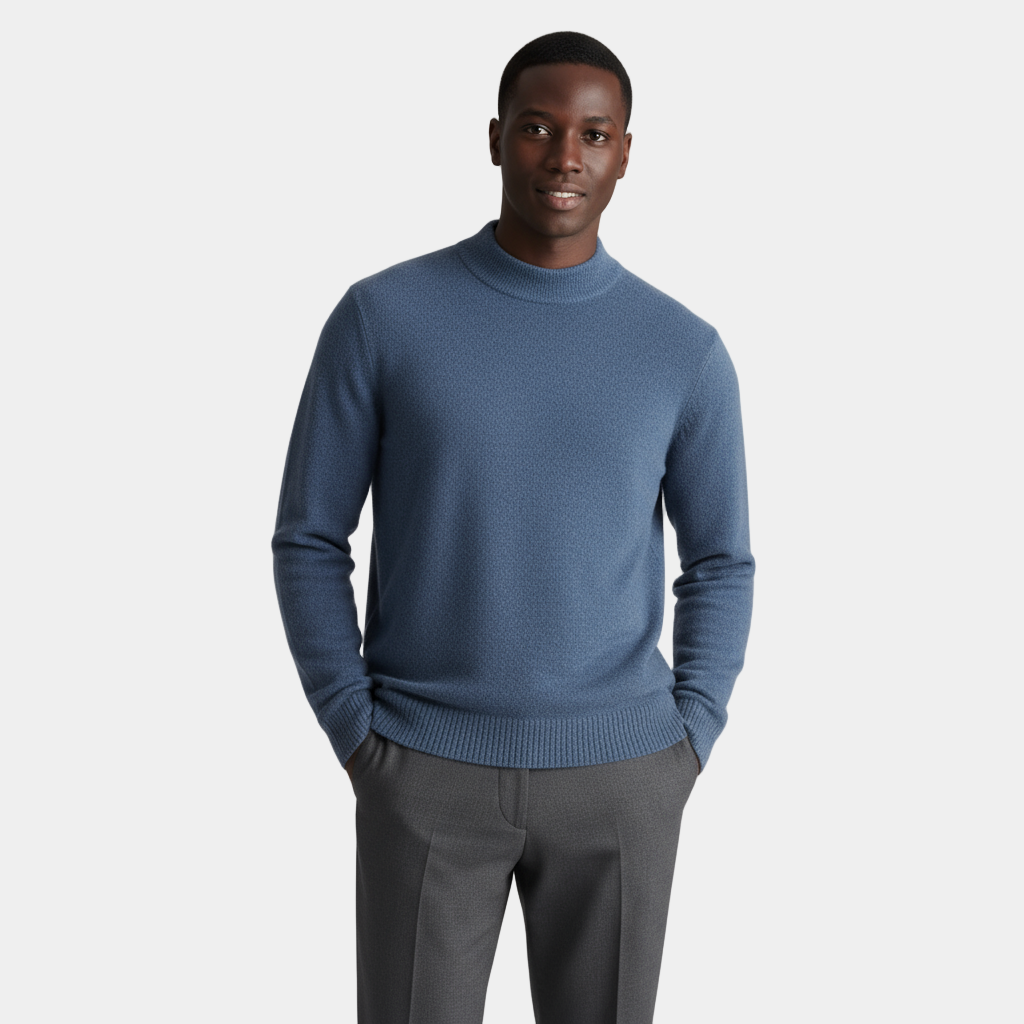 Men's Merino Wool Mock Neck Knit Jumper with Ribbed Trims for Casual Wear - Image 9