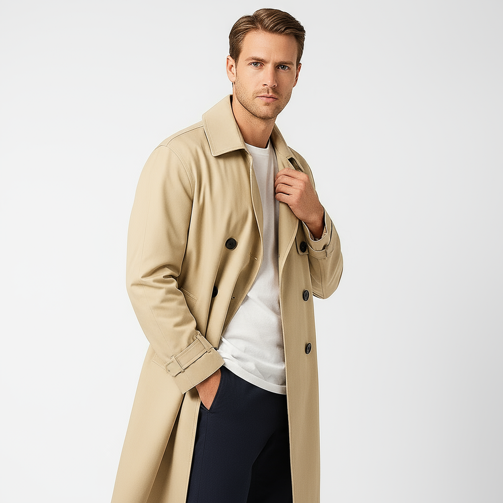 Men's Waterproof Trench Coat - Double-Front Design with Belt and Wide Lapels for Performance and Style - Image 4