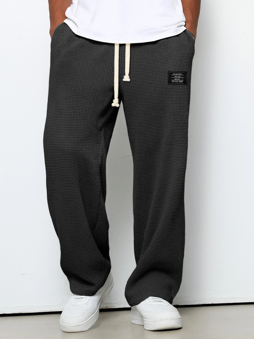 Men's Waffle-Textured Drawstring Trousers with Side Pockets and Wide Legs for Casual Wear - Image 6