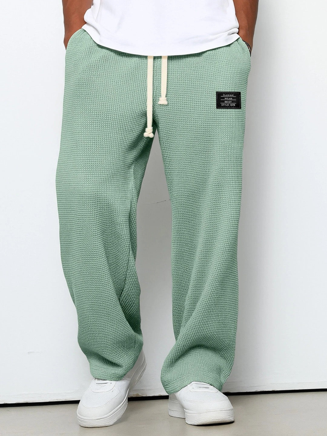Men's Waffle-Textured Drawstring Trousers with Side Pockets and Wide Legs for Casual Wear - Image 7