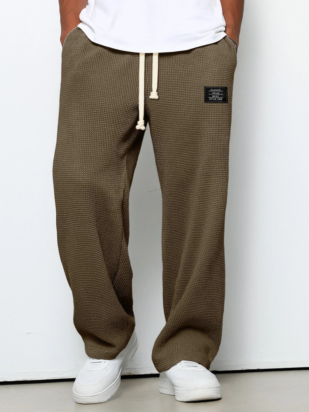 Men's Waffle-Textured Drawstring Trousers with Side Pockets and Wide Legs for Casual Wear - Image 8