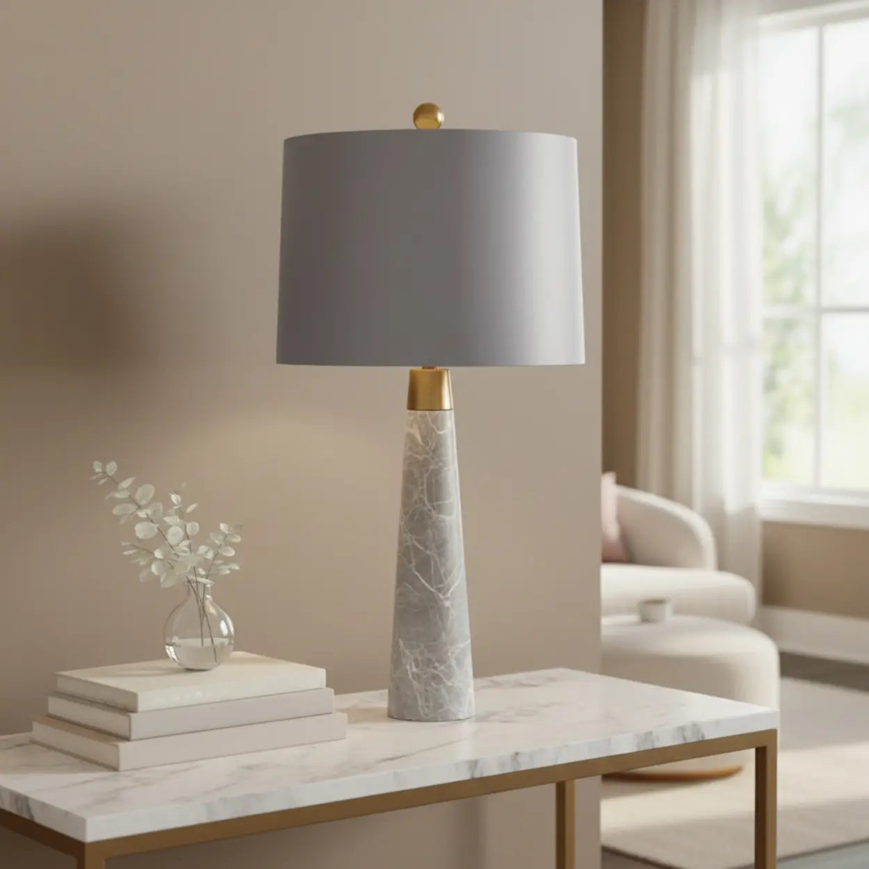 Minimalist Marble Effect Table Lamp | Drum Shade Table Light Interior Lighting-Table Lamp-Sasha Sydney