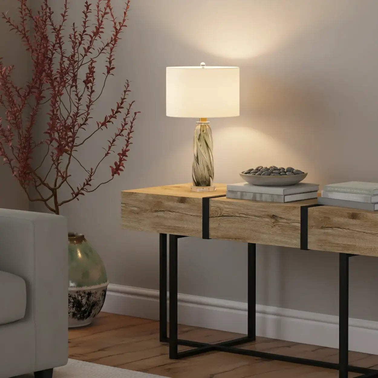 Modern Twisted Glass Table Lamp | Drum Shade Table Light Interior Lighting-Table Lamp-Sasha Sydney