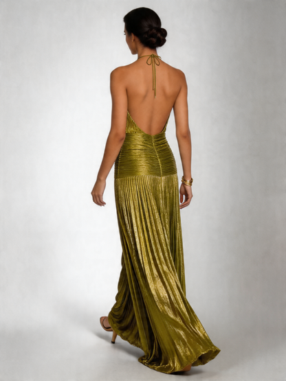 Women's Halter Maxi Dress | Pleated Slit · Sasha Sydney