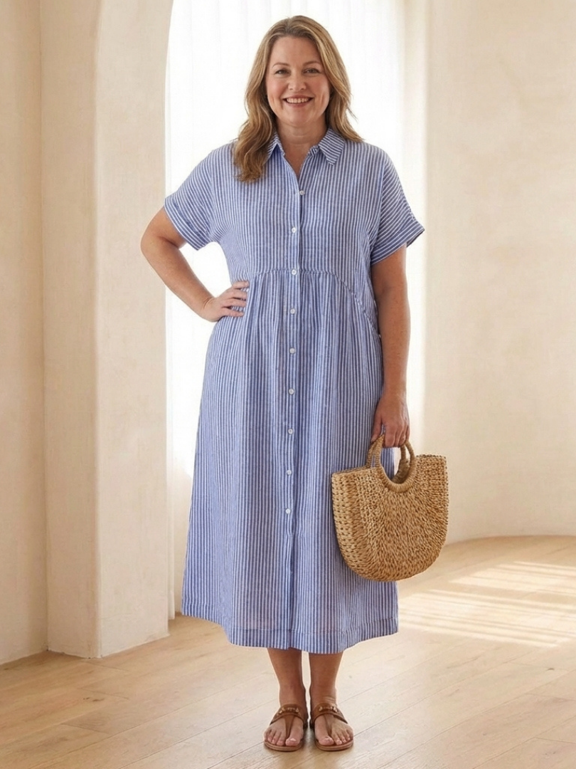 Women's Short-Sleeve Shirt Dress | Striped Midi · Sasha Sydney