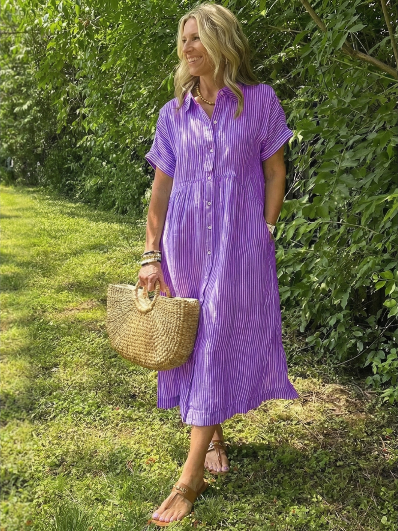 Women's Short-Sleeve Shirt Dress | Striped Midi · Sasha Sydney