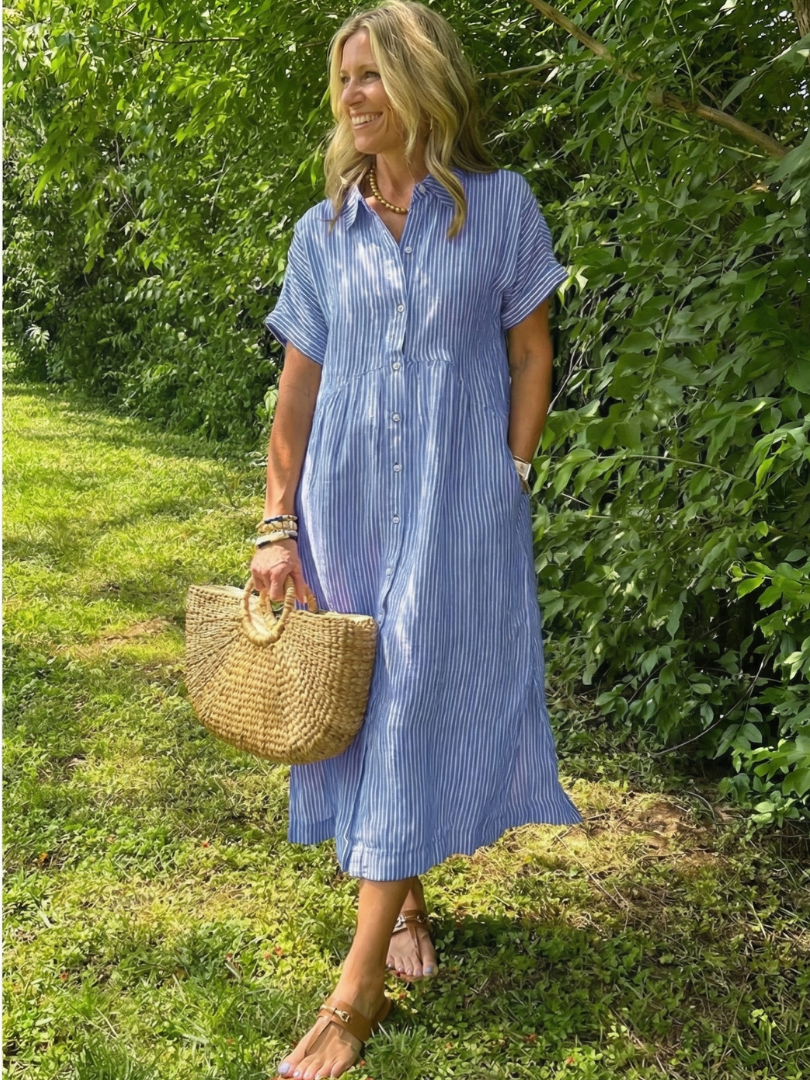 Women's Short-Sleeve Shirt Dress | Striped Midi · Sasha Sydney