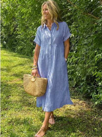 Women's Short-Sleeve Shirt Dress | Striped Midi · Sasha Sydney