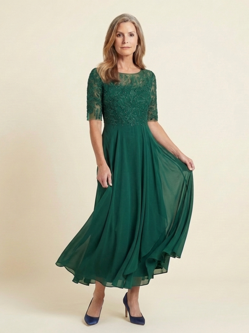 Women's Three-Quarter Sleeve Midi Dress | Lace Bodice · Sasha Sydney