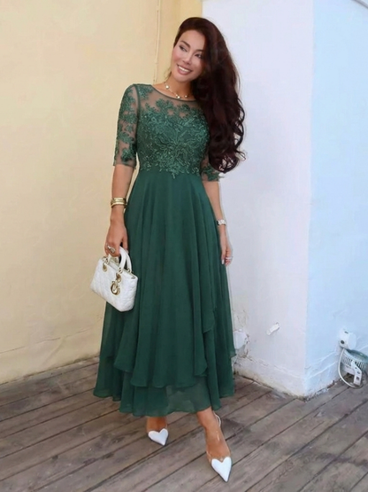 Women's Three-Quarter Sleeve Midi Dress | Lace Bodice · Sasha Sydney