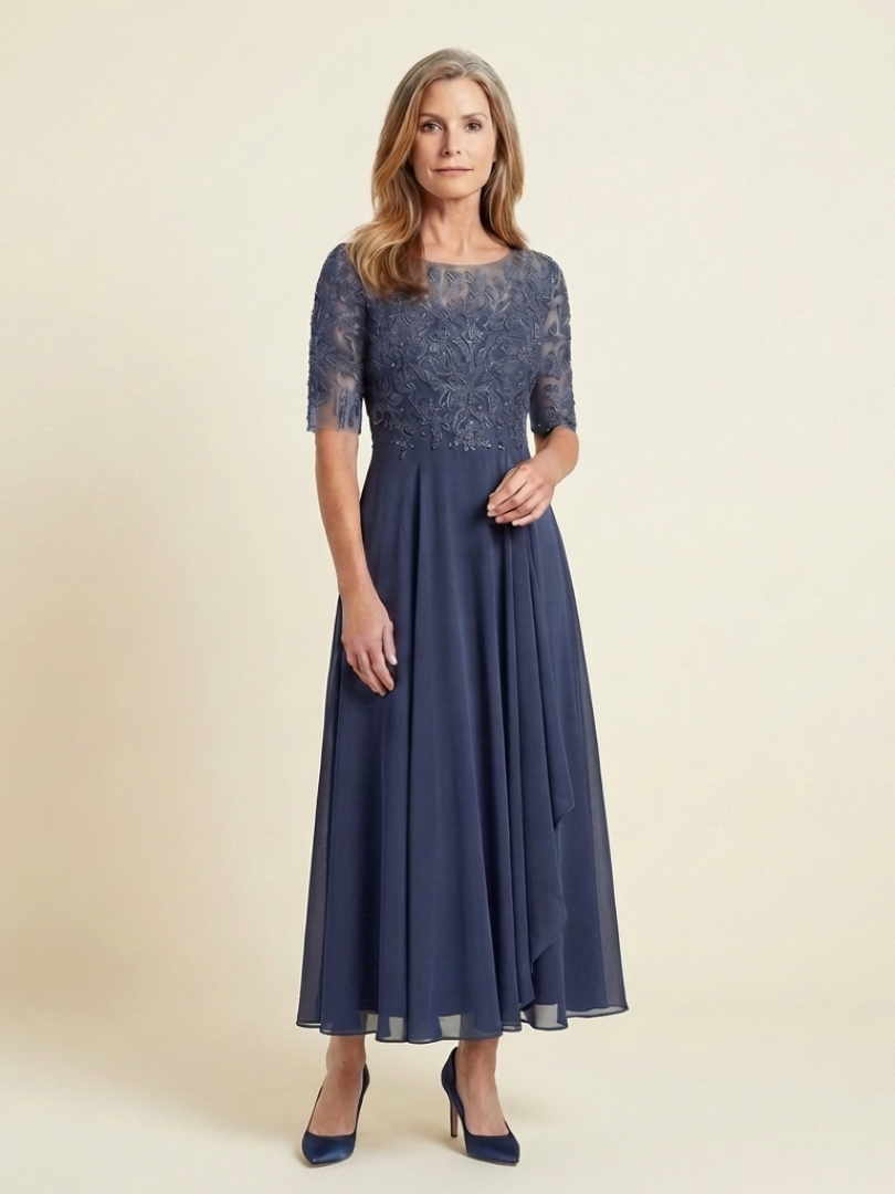 Women's Three-Quarter Sleeve Midi Dress | Lace Bodice · Sasha Sydney