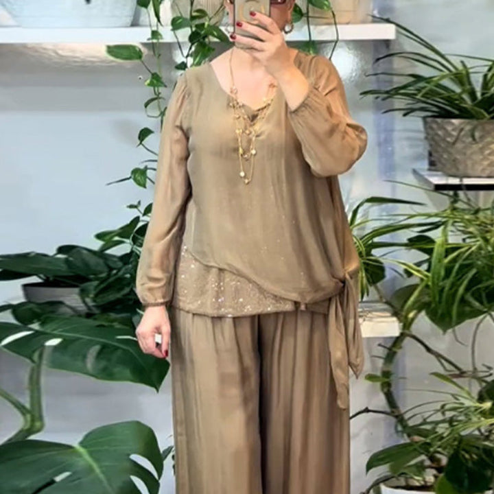 Tahlia | Women Sparkling Blouse & Wide-Leg Pants Set | Elegant Glam